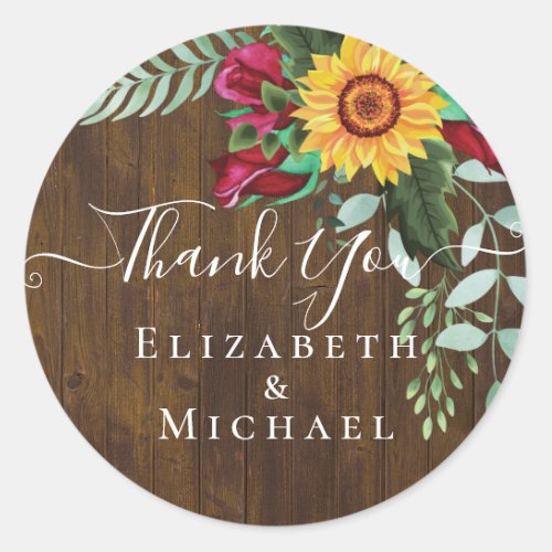 Burgundy Roses Sunflowers Thank You Favor Gift Classic Round Sticker