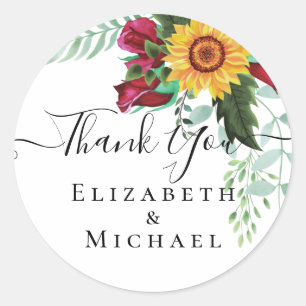 Burgundy Roses Sunflowers Thank You Favor Gift Classic Round Sticker