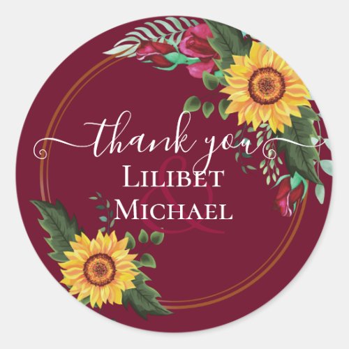 Burgundy Roses Sunflowers Thank You Favor Gift Classic Round Sticker