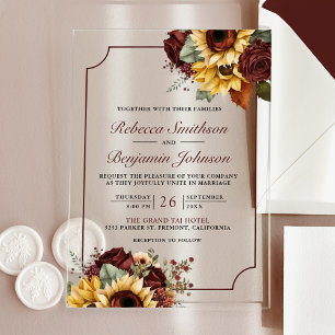 Burgundy Roses Sunflowers Wedding Acrylic Invitations