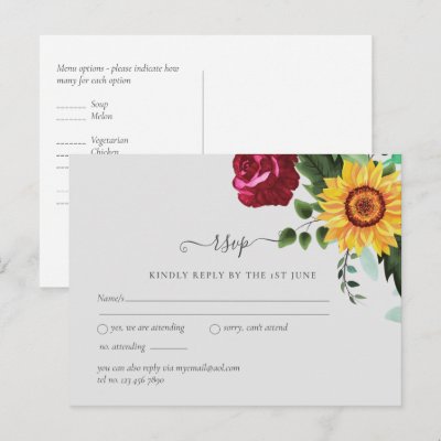 Burgundy Roses Sunflowers Wedding RSVP Postcard