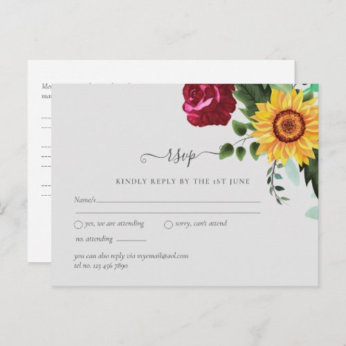 Burgundy Roses Sunflowers Wedding RSVP Postcard