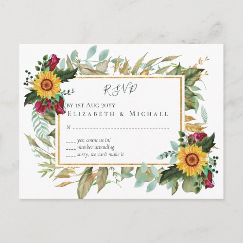 Burgundy Roses Sunflowers Wedding RSVP Postcard