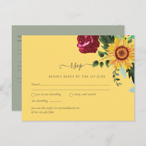 Burgundy Roses Sunflowers Wedding RSVP Postcard