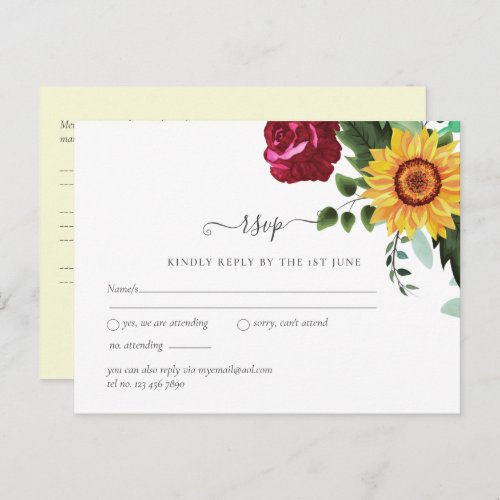 Burgundy Roses Sunflowers Wedding RSVP Postcard