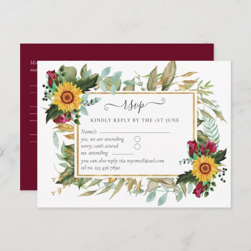 Burgundy Roses Sunflowers Wedding RSVP Postcard