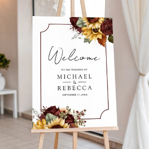 Burgundy Roses Sunflowers Wedding Welcome Sign