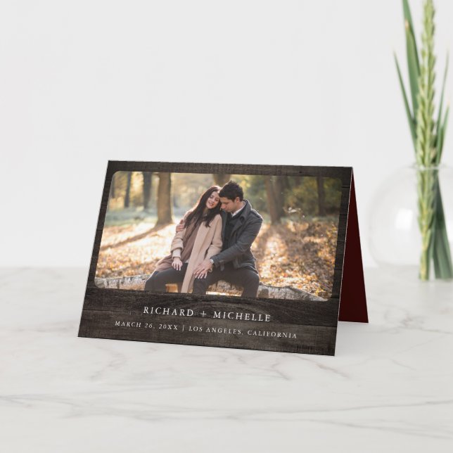 Burgundy Roses Sunflowers Wood QR Code Wedding Invitation (Front)