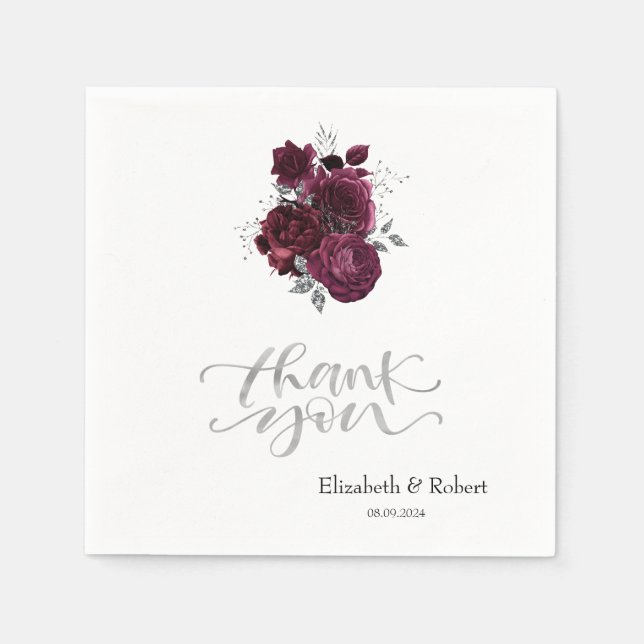 Burgundy Roses Thank You Card Napkins (Front)