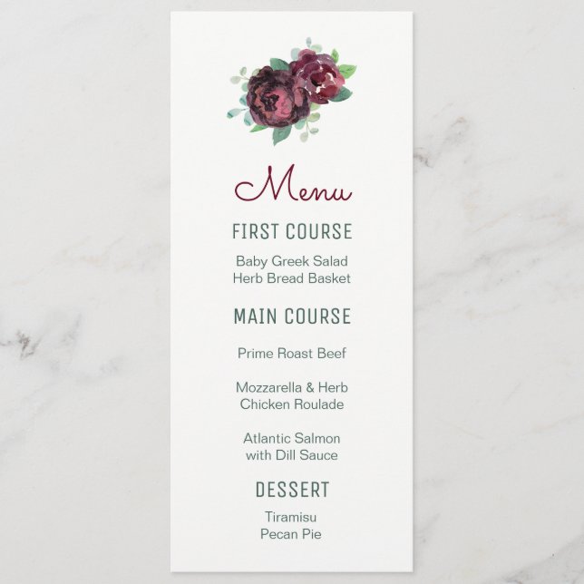 Burgundy Roses Watercolor Flower Menus (Front)