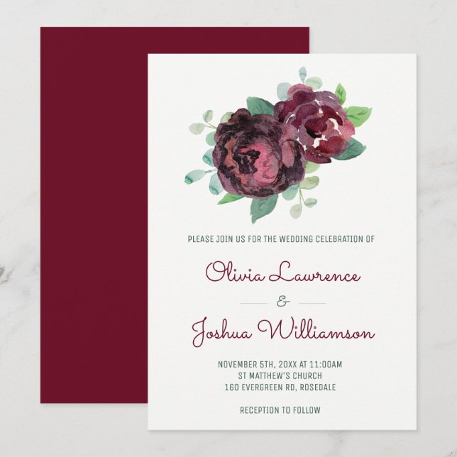 Burgundy Roses Watercolor Wedding Invitations (Front/Back)