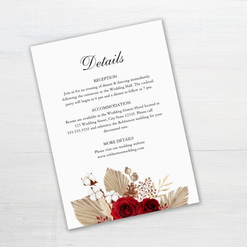 Burgundy Roses Wedding Details Card