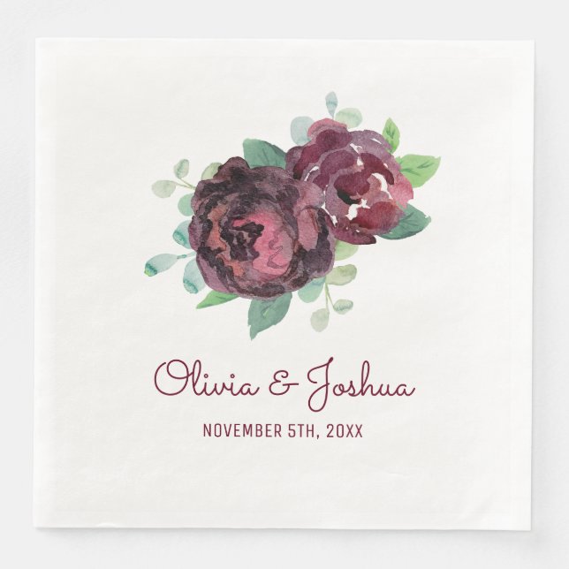Burgundy Roses Wedding Paper Dinner Napkins (Front)