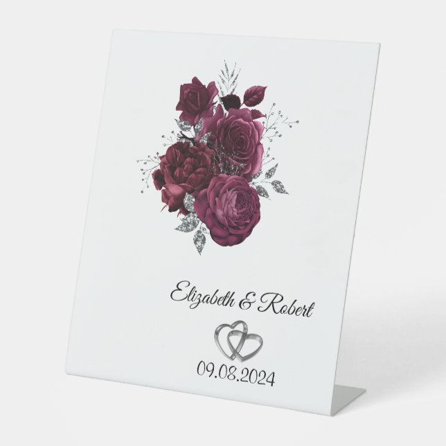 Burgundy Roses Wedding  Pedestal Sign (Front)