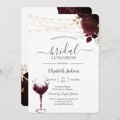 Burgundy RosesWine Glass Bridal Luncheon Invitation