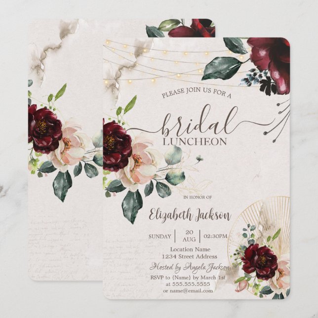 Burgundy Roses,Wine Glass,Lights Bridal Luncheon  Invitation (Front/Back)