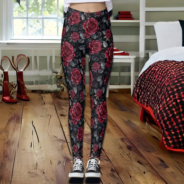 Burgundy Roses with Black Background   Leggings (Creator Uploaded)