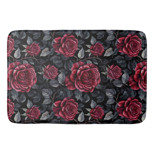 Burgundy Roses with Black Background Pattern Bath Mat (Front)