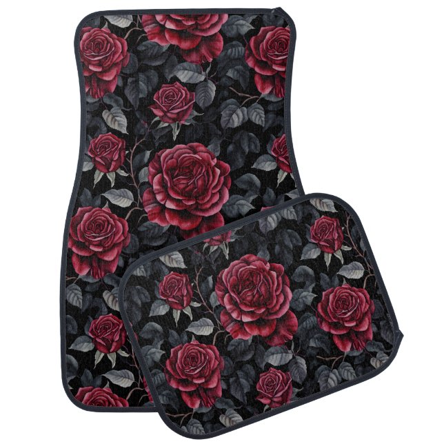 Burgundy Roses with Black Background Pattern Car Floor Mat (Set)