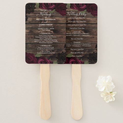 Burgundy Roses Wood Black Lace Floral Wedding Hand Fan