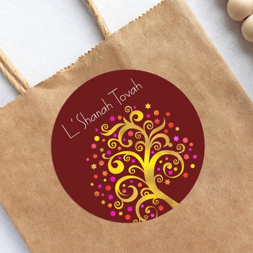 Burgundy Rosh Hashanah Gold Foil Tree of Life Bold Classic Round Sticker