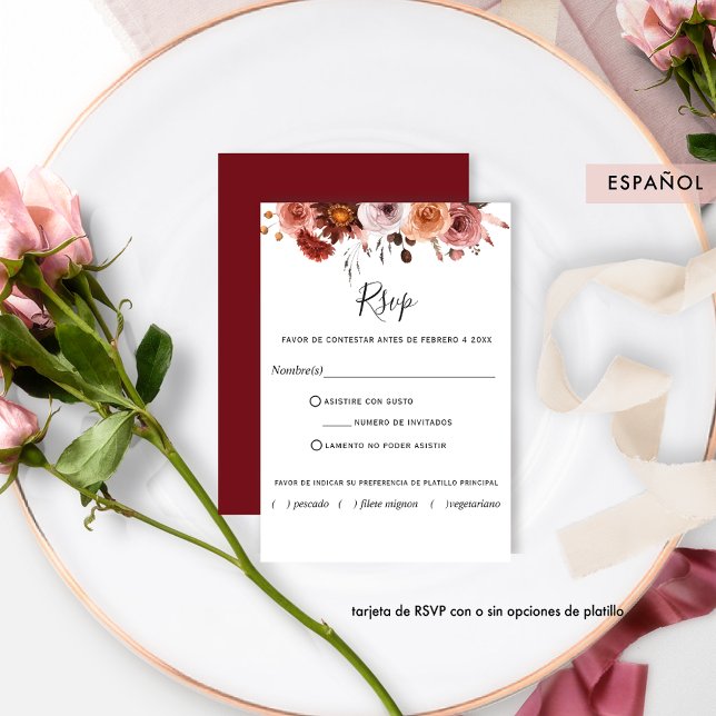 Burgundy, RSVP in Spanish, Burgundy Blush Floral (Creator Uploaded)
