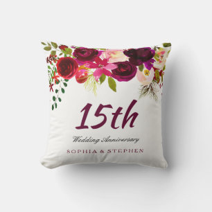 Burgundy Ruby Red Floral 15th Wedding Anniversary Throw Pillow