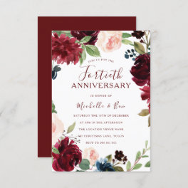 Burgundy Ruby Red Floral 40th Wedding Anniversary Invitation
