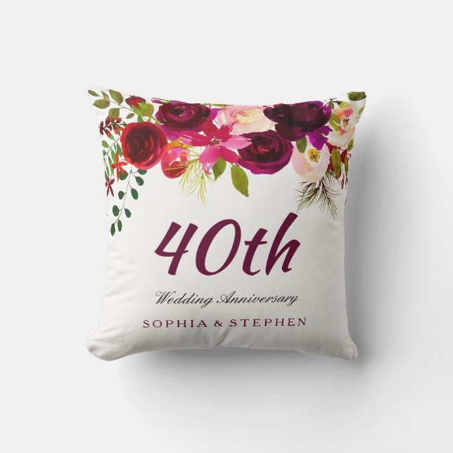Burgundy Ruby Red Floral 40th Wedding Anniversary Throw Pillow (Front)
