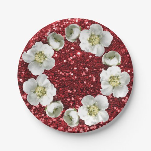 Burgundy Ruby Red Floral Wreath Wedding Glitter Paper Plates