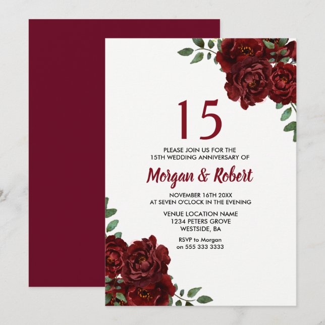 Burgundy Ruby Red Rose 15th Wedding Anniversary Invitation (Front/Back)