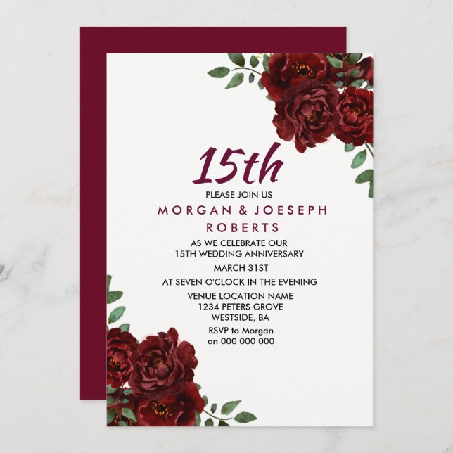 Burgundy Ruby Red Rose 15th Wedding Anniversary Invitation (Front/Back)