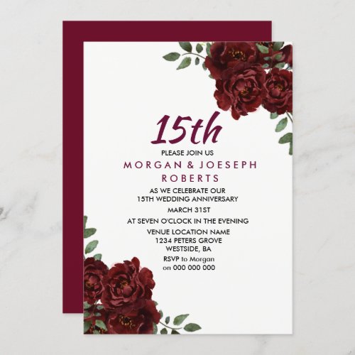 Burgundy Ruby Red Rose 15th Wedding Anniversary Invitation