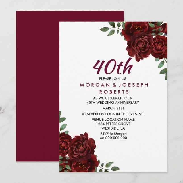 Burgundy Ruby Red Rose 40th Wedding Anniversary Invitation (Front/Back)