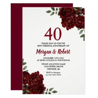 Burgundy Ruby Red Rose 40th Wedding Anniversary Invitation
