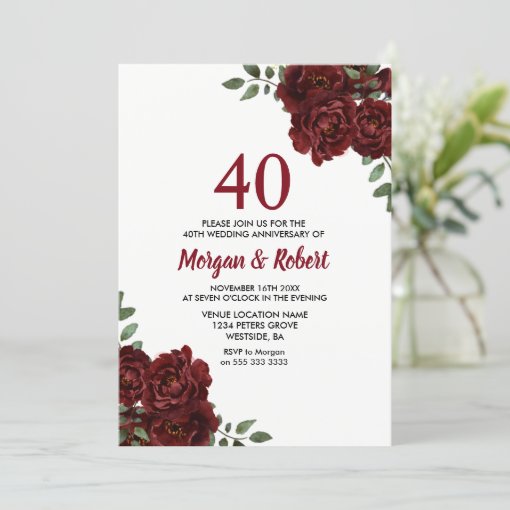 Burgundy Ruby Red Rose 40th Wedding Anniversary Invitation | Zazzle