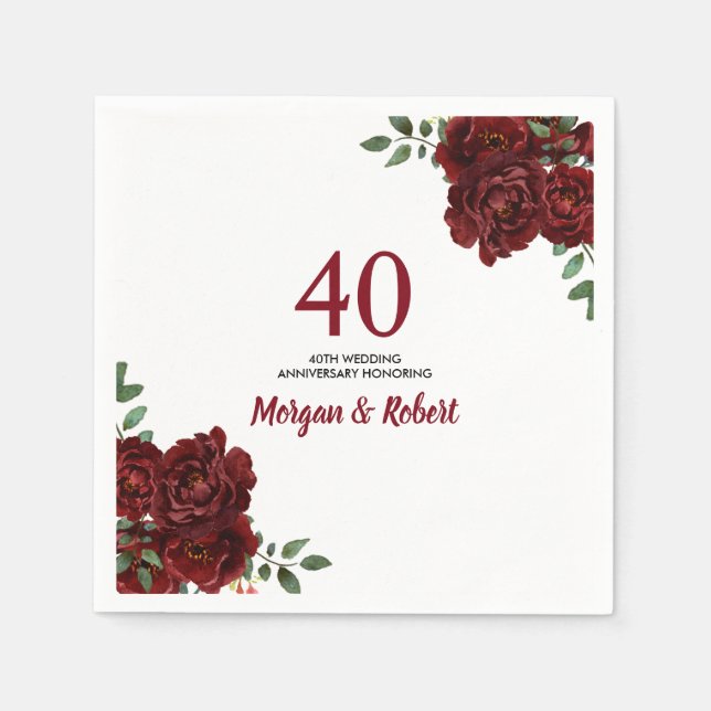 Burgundy Ruby Red Rose 40th Wedding Anniversary Napkins (Front)