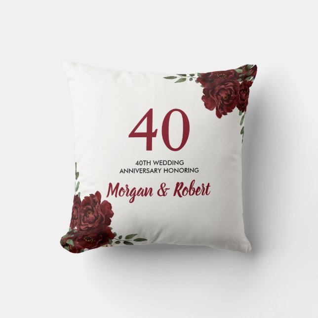Burgundy Ruby Red Rose 40th Wedding Anniversary Throw Pillow (Front)