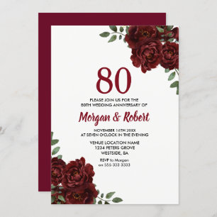 Burgundy Ruby Red Rose 80th Wedding Anniversary Invitation