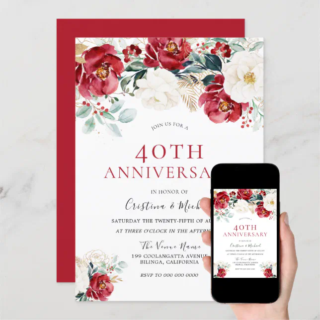 Burgundy Ruby Red White 40th Wedding Anniversary Invitation Zazzle 9113