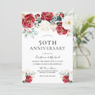 Burgundy Ruby Red White 50th Wedding Anniversary Invitation