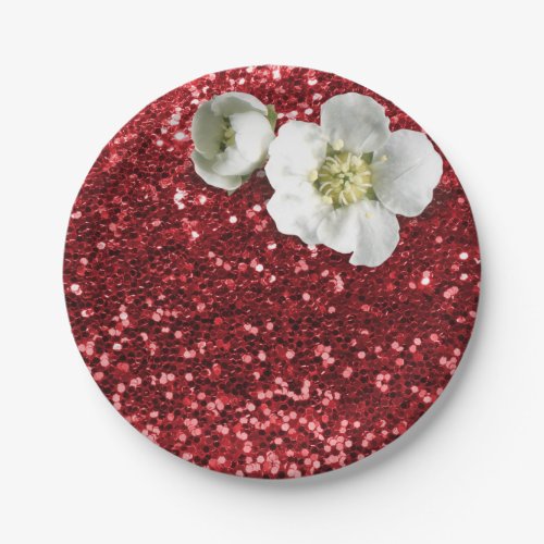 Burgundy Ruby Red White Jasmine Glitter Paper Plates