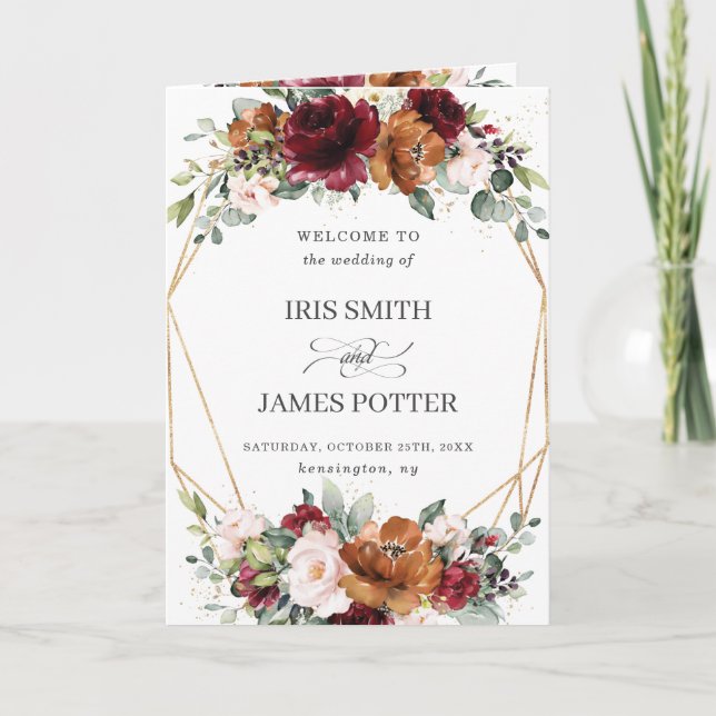 Burgundy Rust Blush Floral Gold Wedding Program (Front)