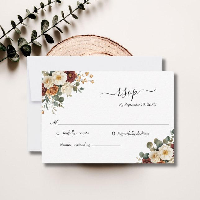 Burgundy Rust Cream Floral Elegant Wedding  RSVP Card (Rust Cream Floral with Eucalyptus Wedding RSVP card)