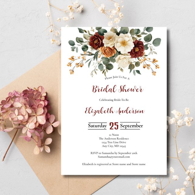 Burgundy Rust Cream Florals Bridal Shower Invitation (Burgundy Rust and Cream Floral Bridal shower invitation)