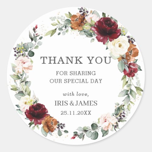 Burgundy Rust Ivory Floral Wedding Favor Thank You Classic Round Sticker