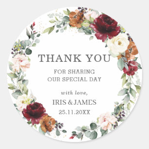 Burgundy Rust Ivory Floral Wedding Favor Thank You Classic Round Sticker