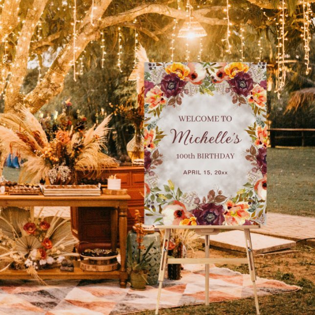 Burgundy Rust Orange Floral 100th Birthday Welcome Foam Board (Creator Uploaded)