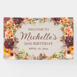 Burgundy Rust Orange Floral 50th Birthday Welcome Banner