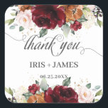 Burgundy Rust Orange Floral Gold Wedding Thank You Square Sticker<br><div class="desc">Personalize these chic floral thank you sticker labels with your own wording, simply press the customize it button to further re-arrange and format the style and placement of the text.  Great for wedding, bridal shower, baby shower, birthday party, Christening / Baptism and more occasions! Matching items available in store! (c)...</div>